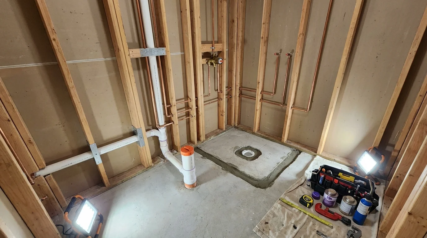 Bathroom rough-in plumbing during remodel by Johns Plumbing LLC in Rochelle