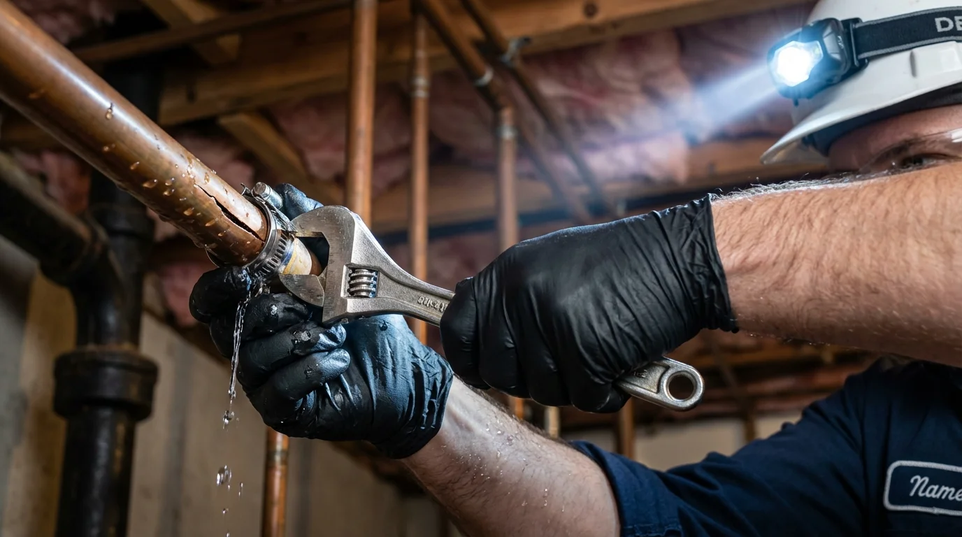 Emergency pipe clamp repair being performed by a Johns Plumbing LLC plumber in Rochelle