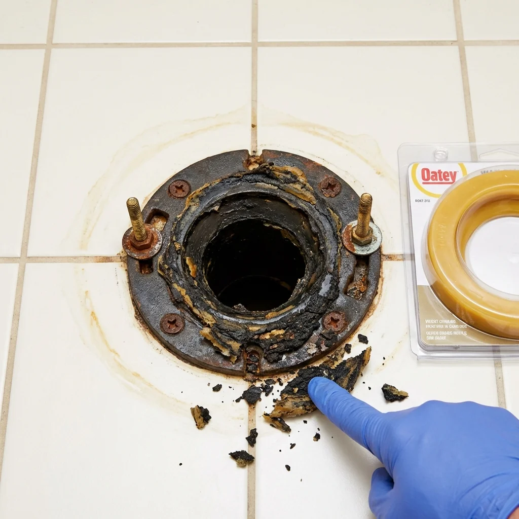Failed wax ring showing water seepage at the base of a toilet in a Rochelle, GA home