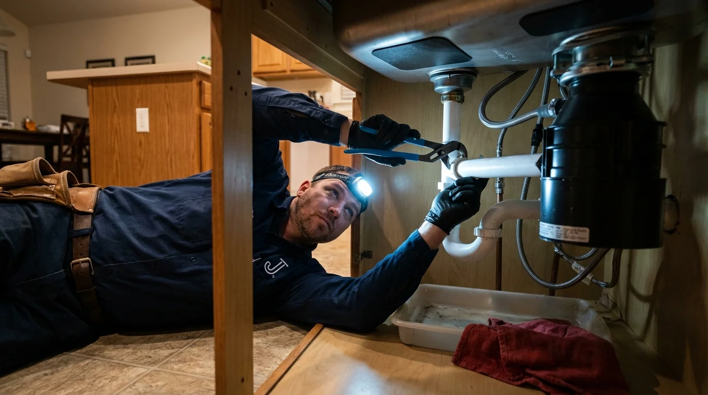 P-trap and supply line connections under a kitchen sink showing a common leak point in Rochelle, GA